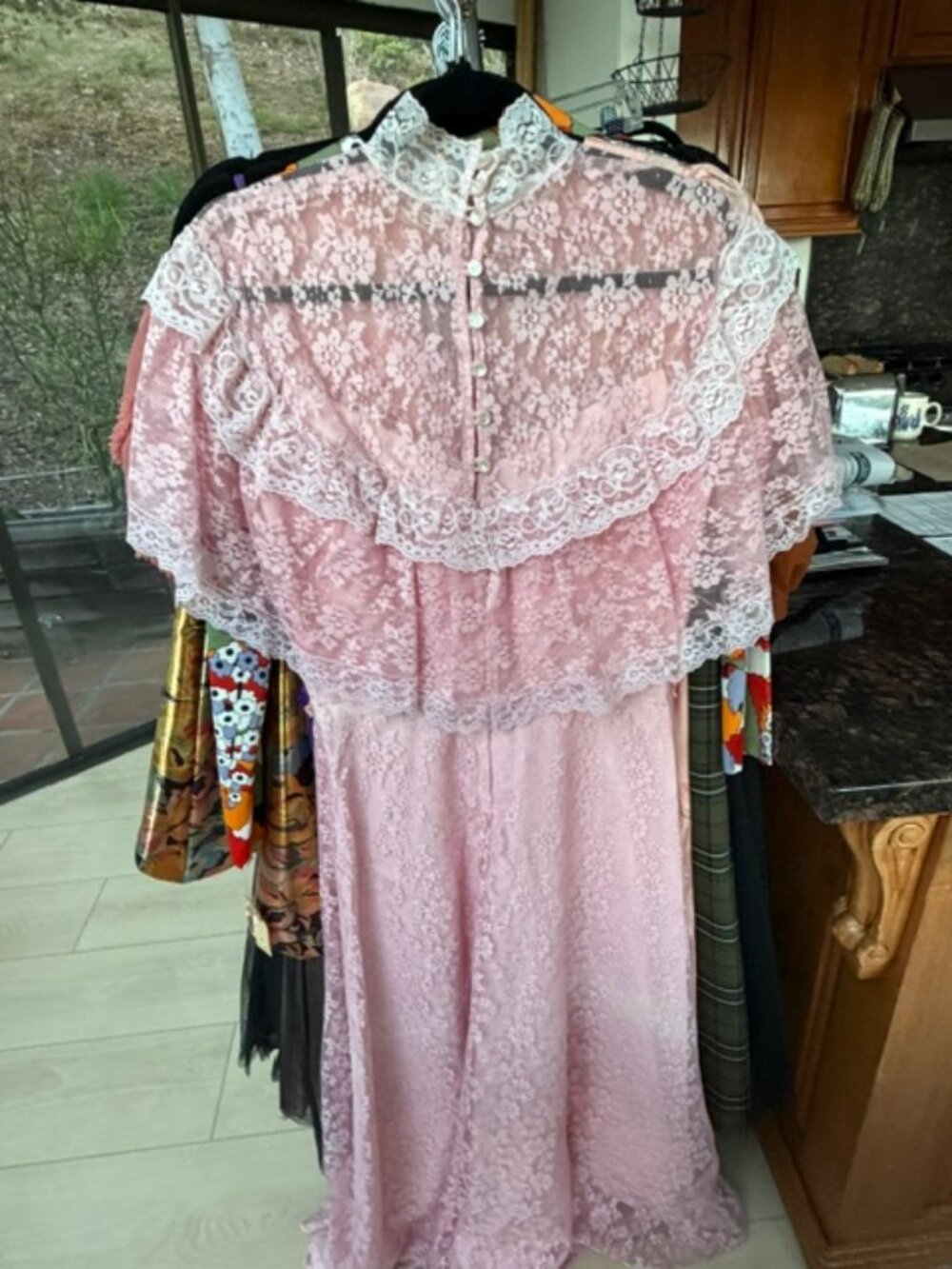 70s Pink Lace Capelet Maxi